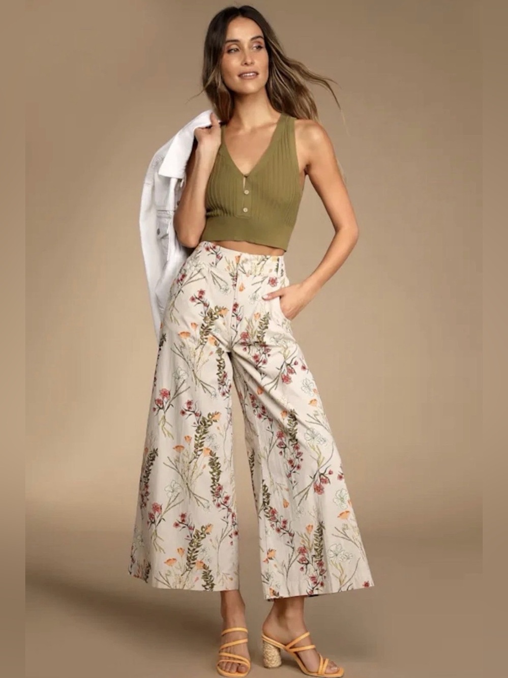 Free People Menorca taupe multi floral print wide-leg cropped pants 25